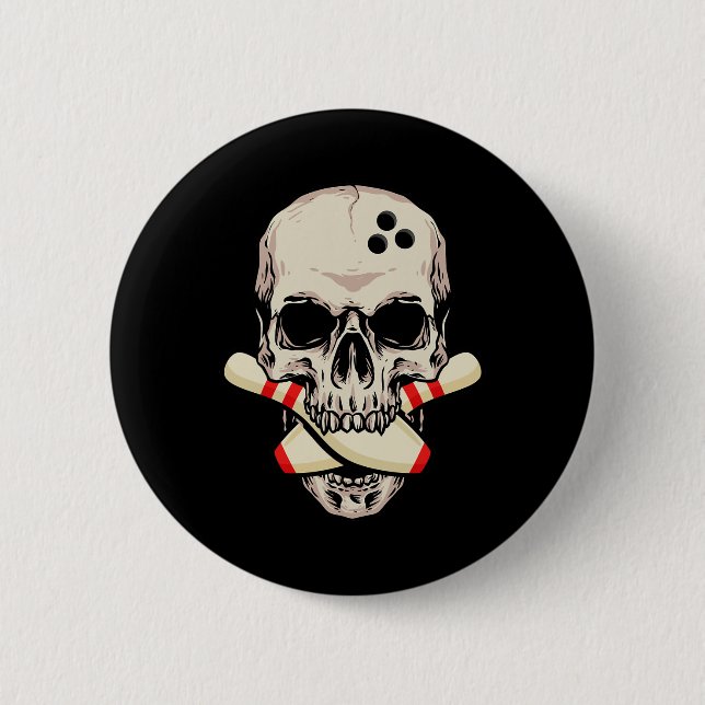 Badge Rond 5 Cm Bowling Pins Retro Skull Skeleton Head Bowling Bal (Devant)