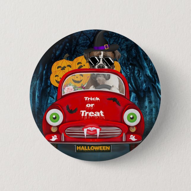 Badge Rond 5 Cm Boxer Chien Conduite Voiture Effrayant Halloween (Devant)