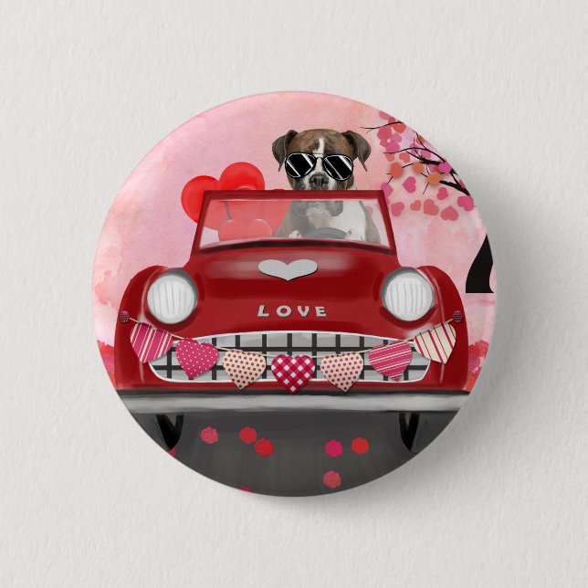 Badge Rond 5 Cm Boxer Chien voiture avec les coeurs Valentine's (Devant)