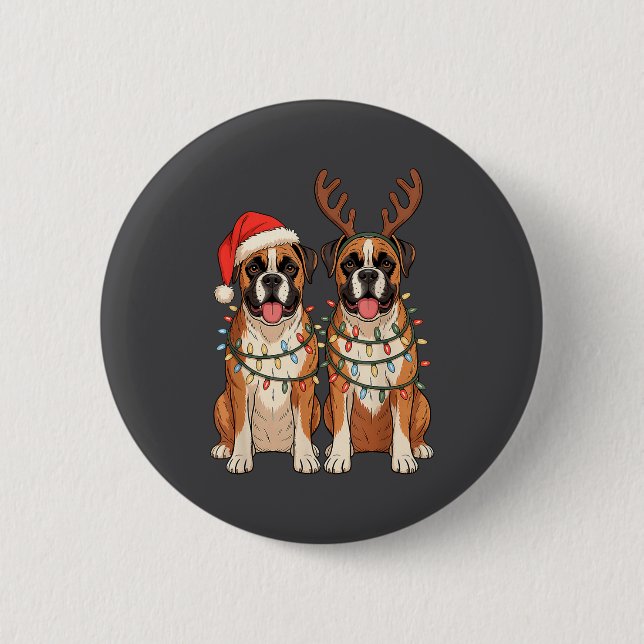 Badge Rond 5 Cm Boxer Dog Christmas Santa Hat Reindeer Lights Paja (Devant)