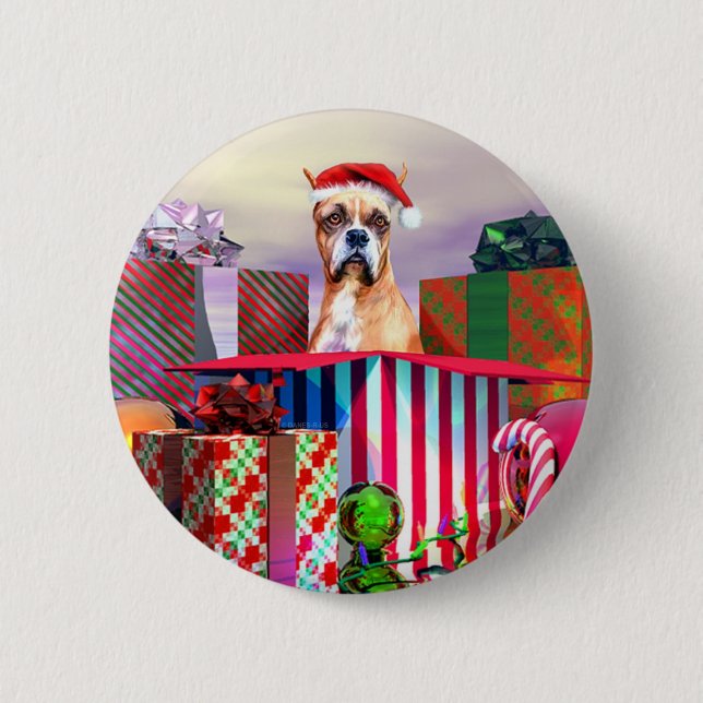 Badge Rond 5 Cm Boxer Noël Surprise (Devant)