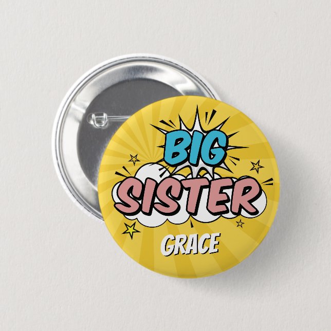Badge Rond 5 Cm Boy Comic Book Superhero Baby shower Big Sister (Devant & derrière)