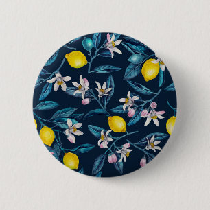 Badge Rond 5 Cm Branches de citron avec fleurs et fruits sur le bl