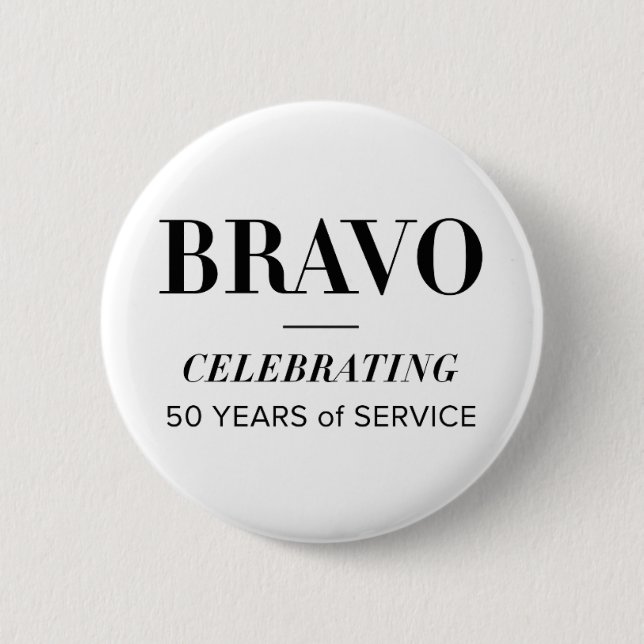 Badge Rond 5 Cm BRAVO 50e bouton blanc (Devant)