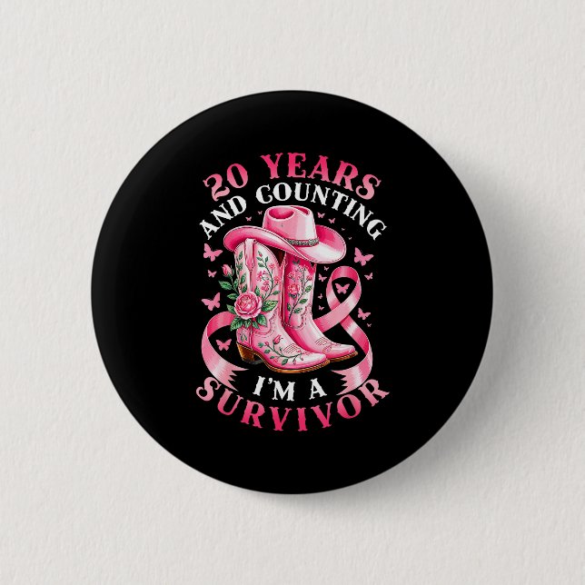 Badge Rond 5 Cm Breast Cancer 20 Years Survivor Nk Ribbon Cowgirl  (Devant)