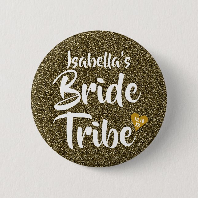 Badge Rond 5 Cm Bride Tribe Gold Date Coeur Parties scintillant pe (Devant)