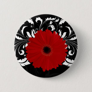 Badge Rond 5 Cm Bright Red Gerbera Daisy on Black