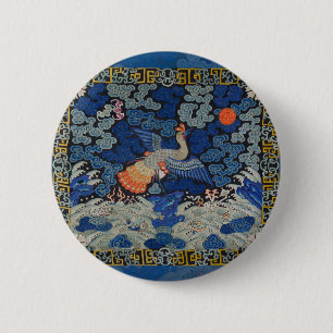 Badge Rond 5 Cm Broderie chinoise bleu d'oiseau Vintage