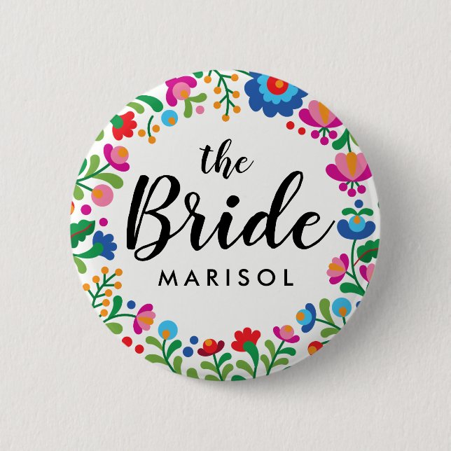 Badge Rond 5 Cm Brodeuse Mexicaine Nom de la Mariée (Devant)