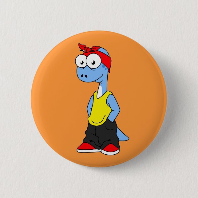 Badge Rond 5 Cm Brontosaurus Habillé De Vêtements Hip hop. (Devant)