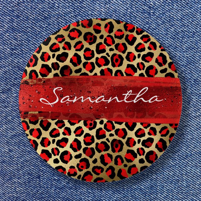 Badge Rond 5 Cm Brosse léopard rouge et or (Red and Gold Foil Leopard Brush Stroke Button)