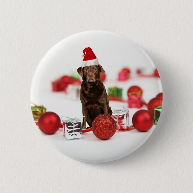 Badge Rond 5 Cm Brown Labrador Chien Noël w Cadeaux Santa Hat (Devant)