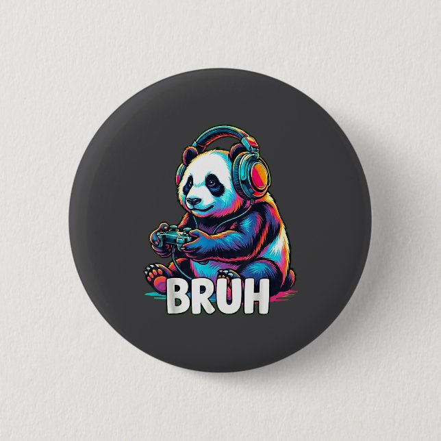 Badge Rond 5 Cm Bruh Panda Gamer With Headphones Controller  (Devant)