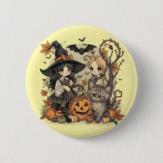 Badge Rond 5 Cm Bruxinhas Kawaii com Gatinho e Abóboras  (Devant)