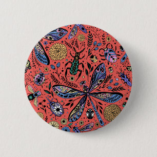 Badge Rond 5 Cm Bugs de Doodle sur corail rouge