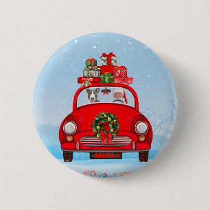 Badge Rond 5 Cm Bull Terrier Chien En Voiture Avec Le Père Noël