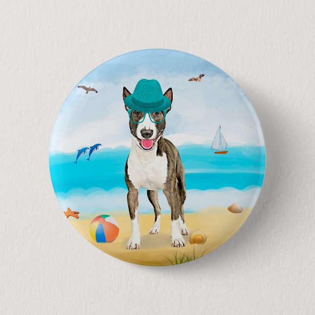 Badge Rond 5 Cm Bull Terrier sur la plage (Devant)