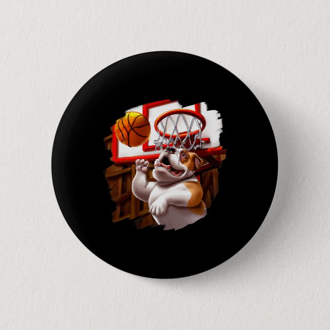 Badge Rond 5 Cm Bulldog anglais jouer de basket-ball amusant chien (Devant)