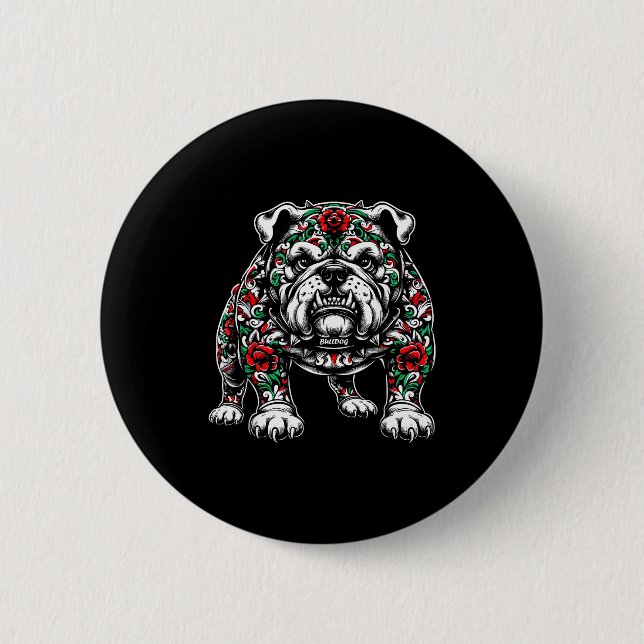 Badge Rond 5 Cm Bulldog Floral Red Rose Mens Womens  (Devant)