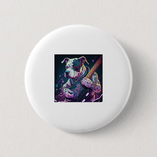 Badge Rond 5 Cm Bulldog Jouer Rock Guitare Électrique