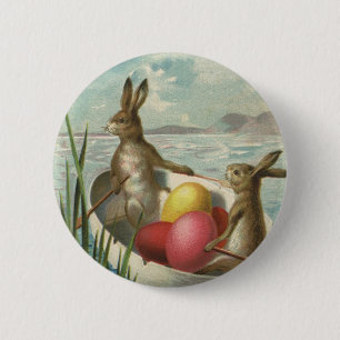 Badge Rond 5 Cm Bunnies vintages de Pâques en bateau avec oeufs de