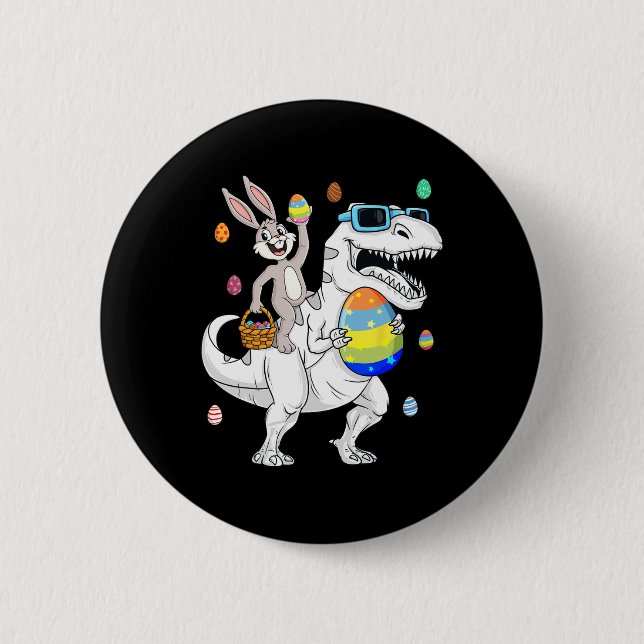 Badge Rond 5 Cm Bunny de Pâques équitation T Rex Dinosaur Amusants (Devant)