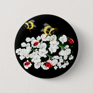 Badge Rond 5 Cm Bureaux d'abeilles dramatiques et fleurs blanches