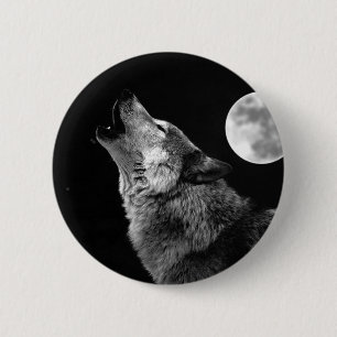 Badge Rond 5 Cm BW Wolf Howling at Moon