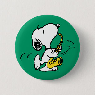 Badge Rond 5 Cm cacahuètes   Lecteur Snoopy Saxophone