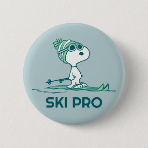 Badge Rond 5 Cm cacahuètes   Snoopy sur Skis