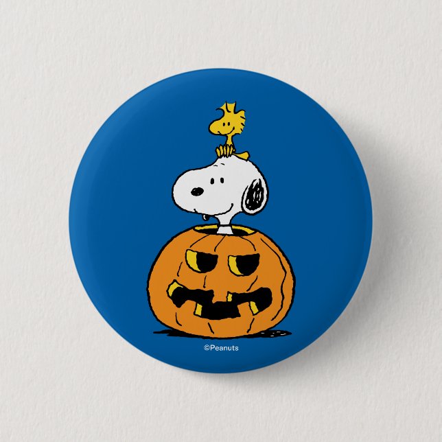 Badge Rond 5 Cm cacahuètes | Snoopy & Woodstock Citrouille pop-up (Devant)