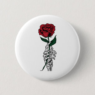 Badge Rond 5 Cm Cadeau de fleurs roses - Squelette blanc main tena