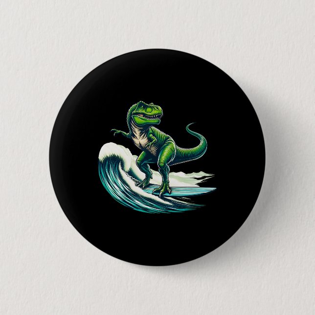 Badge Rond 5 Cm Cadeau de T-rex Dinosaure Surfant Planche de Surf  (Devant)