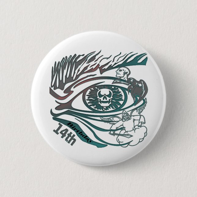 Badge Rond 5 Cm Cadeaux d'anniversaire d'oeil de crâne 14èmes (Devant)