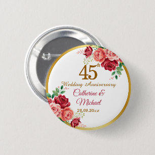 Badge Rond 5 Cm Cadre floral doré pour 45e anniversaire de mariage