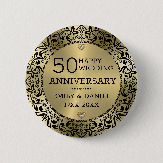 Badge Rond 5 Cm Cadre tourbillonnant noir 50e anniversaire mariage (Devant)