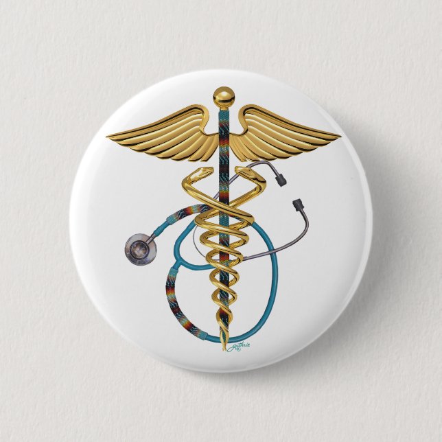 Badge Rond 5 Cm Caducée et stéthoscope (Devant)