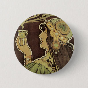 Badge Rond 5 Cm Café Art Nouveau vintage Rajah, Femme au café