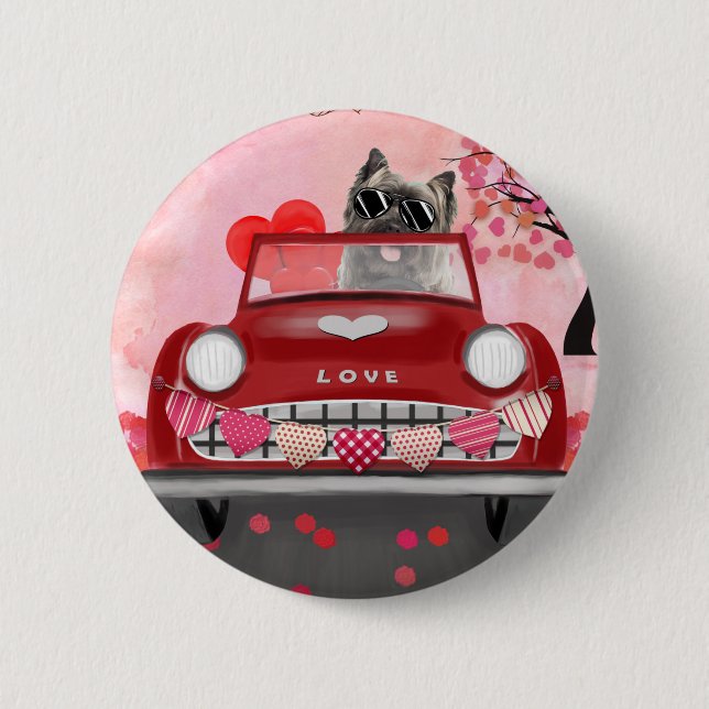 Badge Rond 5 Cm Cairn Terrier voiture avec coeur Valentine's (Devant)