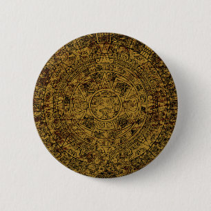 Badge Rond 5 Cm Calendrier de pierre solaire aztèque vieilli