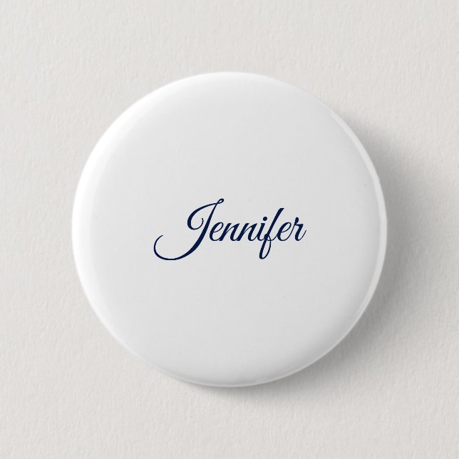 Badge Rond 5 Cm Calligraphie Élégant Bleu Blanc Simple Nom (Devant)