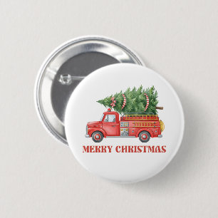 Badge Rond 5 Cm Camion de pompiers Noël aquarelle 