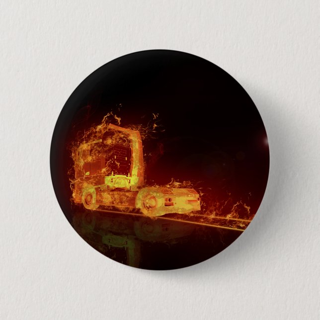 Badge Rond 5 Cm Camion feu rouge dans les flammes d'incendie (Devant)