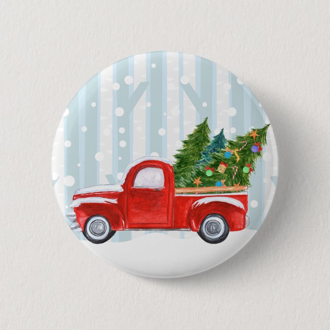 Badge Rond 5 Cm Camion pick-up rouge de Noël sur une route de (Devant)