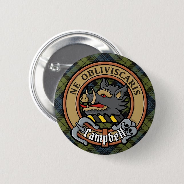 Badge Rond 5 Cm Campbell Crest sur Tartan (Devant & derrière)