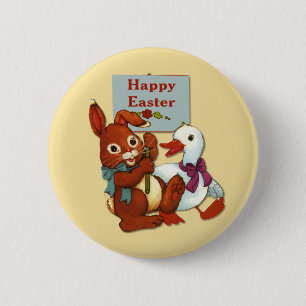 Badge Rond 5 Cm Canard et lapin Pâques