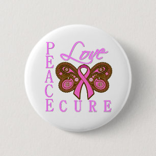 Badge Rond 5 Cm Cancer du sein Papillon Paix Amour Cure