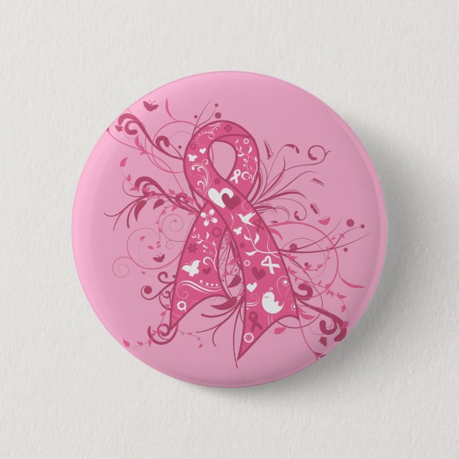 Badge Rond 5 Cm Cancer du sein Pink Floral Ribbon Swirl (Devant)