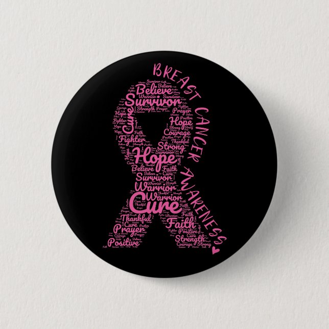 Badge Rond 5 Cm Cancer Du Sein Ruban Rose Avec Des Mots Positifs (Devant)