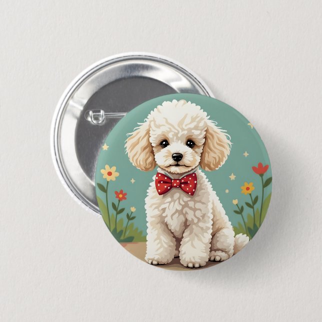 Badge Rond 5 Cm Caniche blanc adorable avec noeud papillon (Devant & derrière)